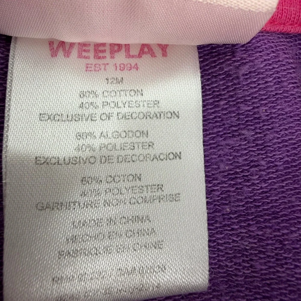 Y2K WeePlay 12 Months Purple‎ Full Zip Hoodie Monkey Flowers Pink 